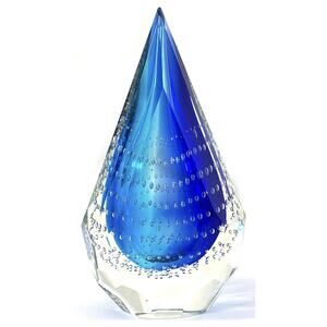 GCA Blue Art Glass Teardrop Sculpture Controlled Bubble Faceted 7.5”